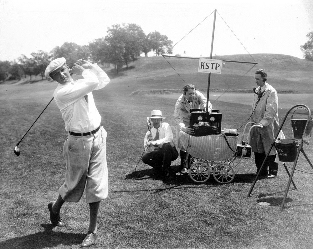 In the 1920s, KSTP-AM provides first live coverage of a United States Open golf tournament with portable transmitter wheeled around course in daughter Alice Hubbard’s baby carriage.